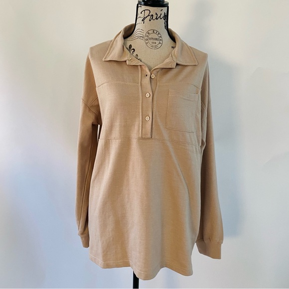 EUC PrettyLittleThing Women Stone Polo Collar Sweatshirt Mini Dress Size US 1 - Picture 2 of 12
